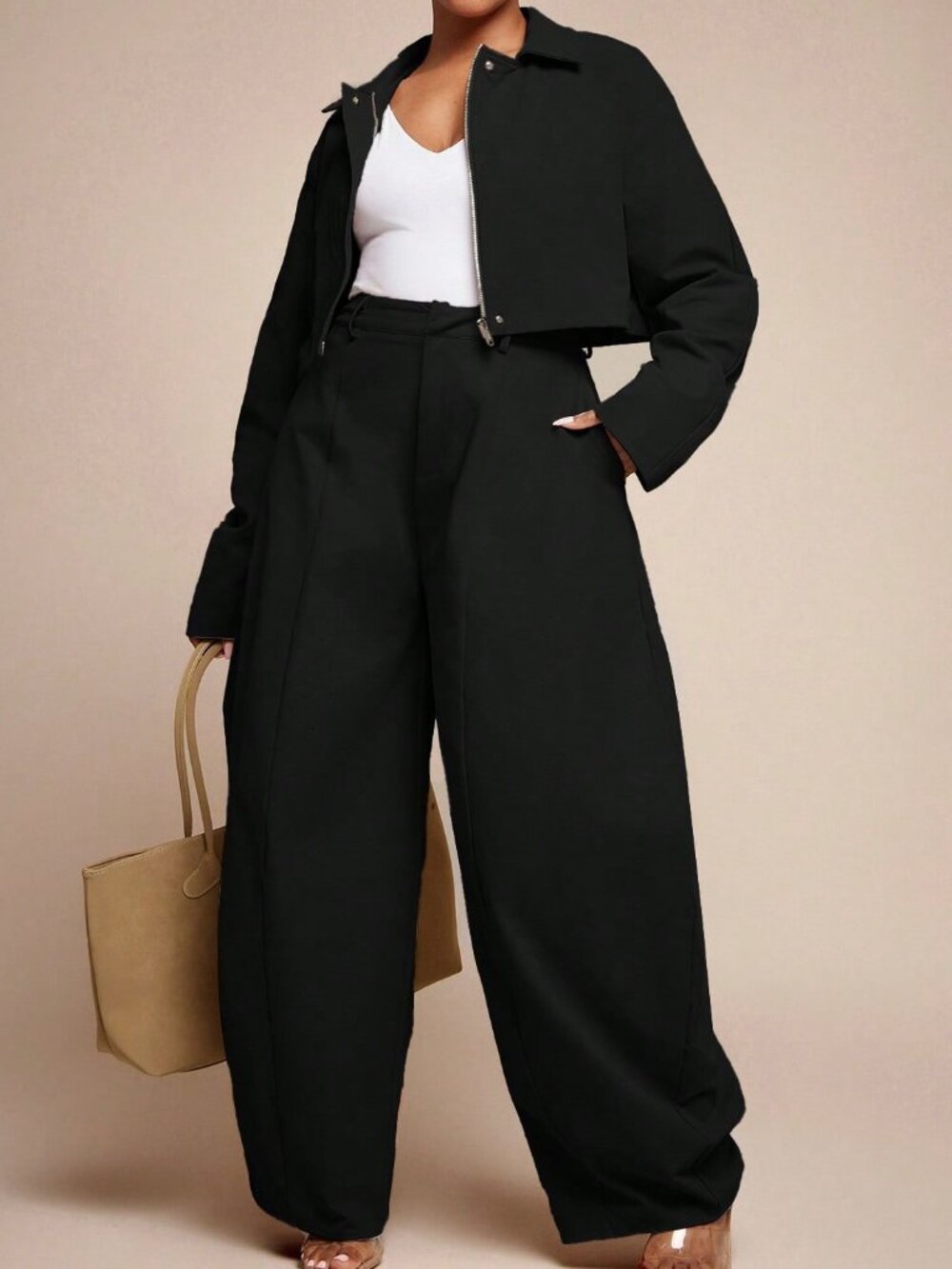 Black Elegant Women's Seam Detail High Waist Barrel Leg Office Pants - Picture 3 of 5